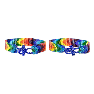 Glass beaded wristband bracelets, 'Rainbow Path' (pair) - Multicolored Glass Bead Bracelets (Pair)