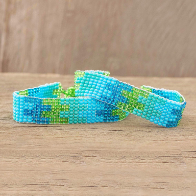 Glass beaded wristband bracelets, 'Step Up' (pair) - Hand Crafted Blue and Green Beaded Bracelets (Pair)