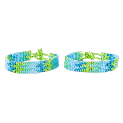 Hand Crafted Blue and Green Beaded Bracelets (Pair)