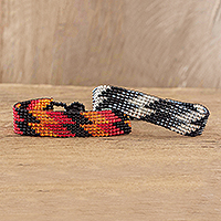 Glass beaded wristband bracelets, 'Zig and Zag' (pair) - Handmade Glass Bead Bracelets (Pair)