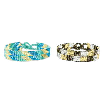 Glass beaded wristband bracelets, 'Meet Me Halfway' (pair) - Adjustable Beaded Bracelets (Pair)