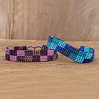 Glass beaded wristband bracelets, 'On the Block' (pair) - Hand Beaded Bracelets from Guatemala (Pair)
