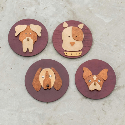Wood magnets, 'Happy Hounds' (set of 4) - Artisan Crafted Dog Themed Magnets