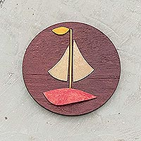 Wood magnet, 'Sail Away' - Boat Motif Refrigerator Magnet