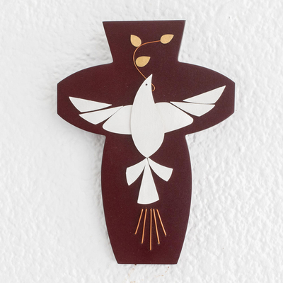 Wood cross, 'Holy Spirit, Comforter' - Modern Wood Wall Cross with a Dove from El Salvador
