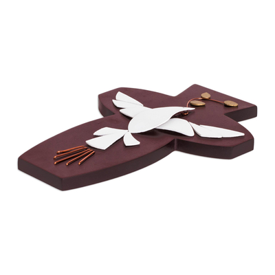 Wood cross, 'Holy Spirit, Comforter' - Modern Wood Wall Cross with a Dove from El Salvador