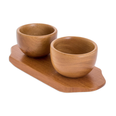 Teak wood condiment set, 'Salsa on the Side' (3 pieces) - Salsa or Condiment Bowl Set with Tray (3 Pieces)