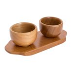Teak wood condiment set, 'Salsa on the Side' (3 pieces) - Salsa or Condiment Bowl Set with Tray (3 Pieces)