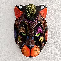 Wood mask, 'Spirit of the Jaguar' - Multicolor Balsa Wood Jaguar Mask from Costa Rica