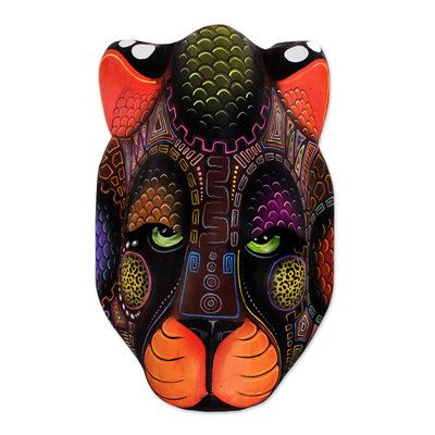 Holzmaske, 'Geist des Jaguars' - Mehrfarbige Balsaholz-Jaguar-Maske aus Costa Rica