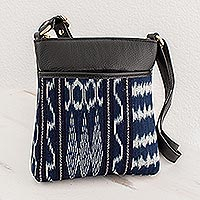 Leather and cotton sling bag, 'Pattern Play in Blue and Black' - Blue Jaspe Cross Body Bag