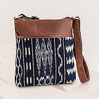 Leather and cotton sling bag, 'Pattern Play in Blue and Brown' - Cotton Jaspe Cross Body Sling Bag