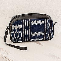 Leather and cotton wristlet, 'Pattern Play in Blue and Black' - Jaspe Weave Cotton and Leather Wristlet