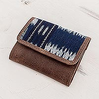 Leather and cotton trifold wallet, 'Pattern Play in Blue and Brown' - Brown and Blue Trifold Wallet