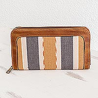 Leather and cotton wallet, 'Slate and Honey' - Multi-pocket Leather and Cotton Wallet