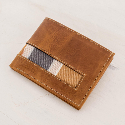 Leather and cotton wallet, 'Weathered Honey' - Bifold Wallet in Brown Leather and Cotton