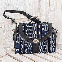 Leather and cotton shoulder bag, 'Pattern Play in Blue and Black' - Versatile Blue Jaspe and Leather Shoulder Bag