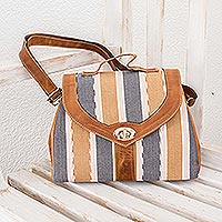 Leather and cotton shoulder bag, 'Guatemalan Honey' - Striped Shoulder Bag in Leather and Cotton