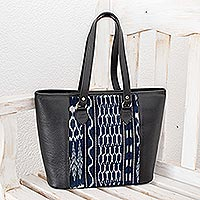 Tote bag de piel y algodón, 'Pattern Play in Blue and Black' - Black Leather and Cotton Jaspe Tote Bag