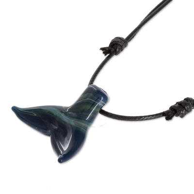 Art glass pendant necklace, 'Giant of the Seas' - Handmade Whale Tail Art Glass Necklace