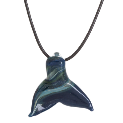 Art glass pendant necklace, 'Giant of the Seas' - Handmade Whale Tail Art Glass Necklace