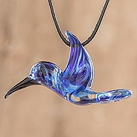 Art glass pendant necklace, 'Hummingbird's Flight' - Blue Hummingbird Art Glass Necklace