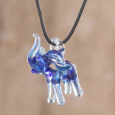 Art glass pendant necklace, 'Trumpeting Blue Elephant' - Hand Crafted Blue Elephant Glass Necklace