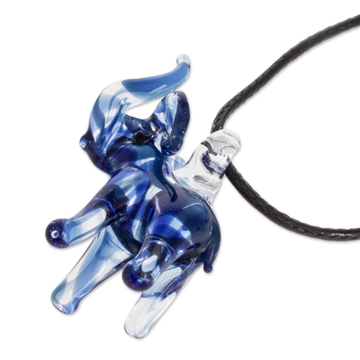 Art glass pendant necklace, 'Trumpeting Blue Elephant' - Hand Crafted Blue Elephant Glass Necklace
