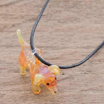 Art glass pendant necklace, 'Golden Dog' - Art Glass Dog Pendant Necklace