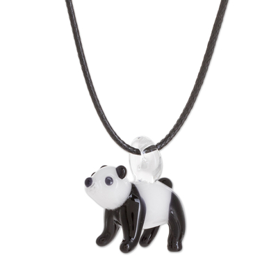 Art glass pendant necklace, 'Friendly Panda' - Black and White Panda Pendant Necklace