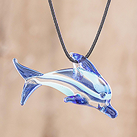 Art glass pendant necklace, 'Marine Freedom' - Hand-Blown Blue Glass Dolphin Necklace From Costa Rica