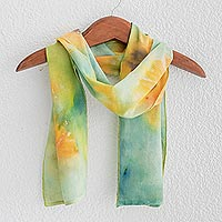 Cotton scarf, 'Sunflower' - Hand-painted Floral Cotton Scarf from Costa Rica
