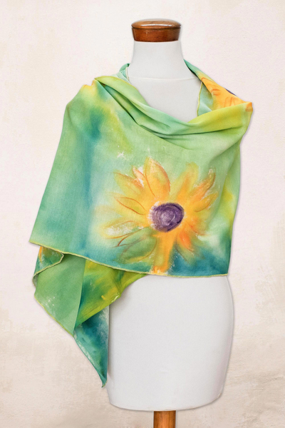 Cotton shawl, 'Midsummer Sun' - Hand-painted Floral Cotton Shawl from Costa Rica
