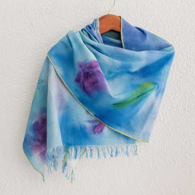 Hand-painted cotton shawl, 'Midsummer Sea' - Hand-painted Floral Cotton Shawl from Costa Rica