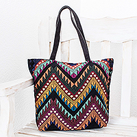 Cotton shoulder bag, 'Guatemalan Peaks' - Handwoven Multicolour & Black Cotton Shoulder Bag Tote