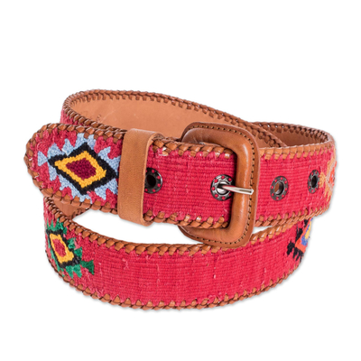 Hand Woven Red Cotton and Leather Belt