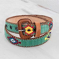 Leather and cotton belt, 'Diamond Stars in Leaf Green' - Green Cotton and Tan Leather Belt