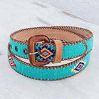 Leather and cotton belt, 'Diamond Stars in Turquoise'