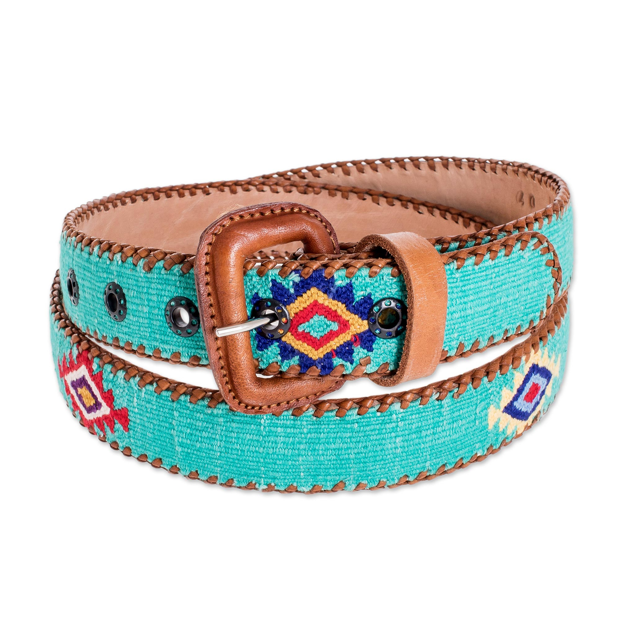 Hand Loomed Cotton and Leather Belt - Diamond Stars in Turquoise | NOVICA