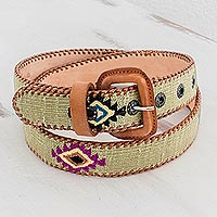 Leather and cotton belt, 'Diamond Stars in Light Sage' - Hand Woven Cotton and Leather Belt