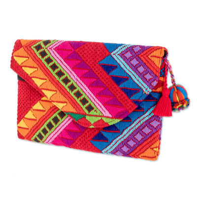 Cotton clutch handbag, 'Strawberry Mountain Peaks' - Colorful Red Handwoven Cotton Clutch Handbag