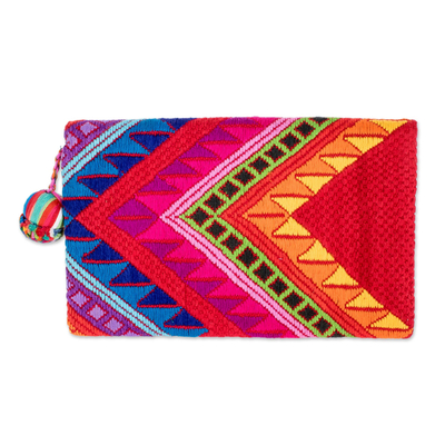 Cotton clutch handbag, 'Strawberry Mountain Peaks' - Colorful Red Handwoven Cotton Clutch Handbag