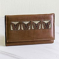 Leather and jute wallet, 'Butterflies' - Butterfly-Motif Leather Wallet
