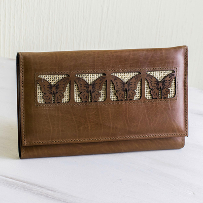 Portemonnaie aus Leder und Jute, 'Schmetterlinge' - Schmetterling-Motiv Leder Geldbörse