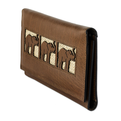 Leather and jute wallet, 'Elephants on the March' - Handmade Elephant Motif Leather Wallet