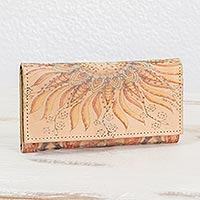 Printed leather wallet, 'Sunflower Rising' - Floral Printed Leather Wallet