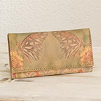 Printed leather wallet, 'Butterfly' - Hand-made Leather Tri-Fold Butterfly Wallet From Costa Rica