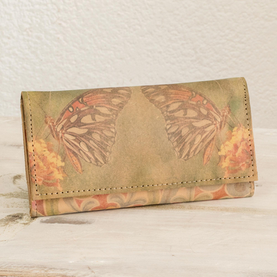 Bedruckte Lederbrieftasche - Handgefertigte dreifach gefaltete Schmetterlings-Geldbörse aus Leder aus Costa Rica