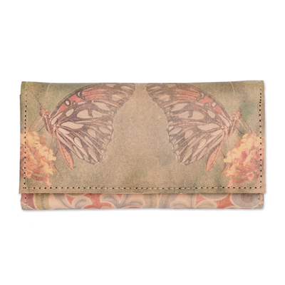 Cartera de piel estampada - Cartera de mariposa de tres pliegues de cuero hecha a mano de Costa Rica