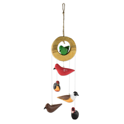 Wood mobile, 'Birds of a Feather' - Colorful Wood Bird Mobile